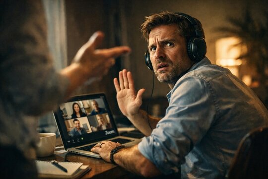 Stressed man on video call wearing headphones, raising hand to stop conflict during remote meeting, workplace tension concept. - Powered by Adobe