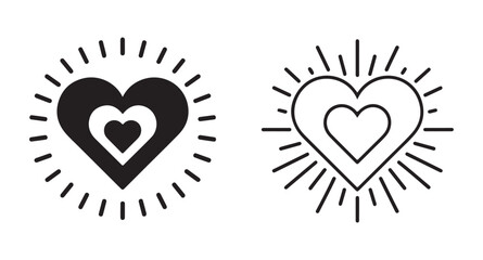 Heart in heart icon set with radiant sun rays and dashed lines featuring solid black and outline vector versions