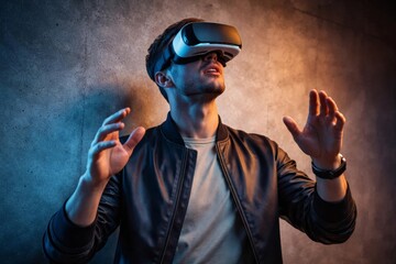 Young man using virtual reality headset with hands raised, immersive technology experience in modern studio lighting.