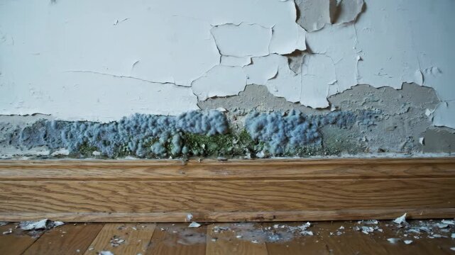 Severe mold and mildew growth on a wall with flaking white paint. Wooden trim above hardwood flooring. Damp, decaying indoor environment.
