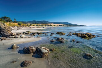 Sunny beach with rocks and clear water