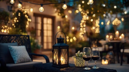 Cozy evening patio setup with glowing string lights, enjoying a romantic atmosphere, lantern, and two glasses of red wine for a special date night