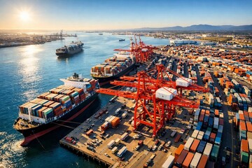 Aerial view of busy container port with cargo ships, cranes and stacked containers, global logistics and trade.