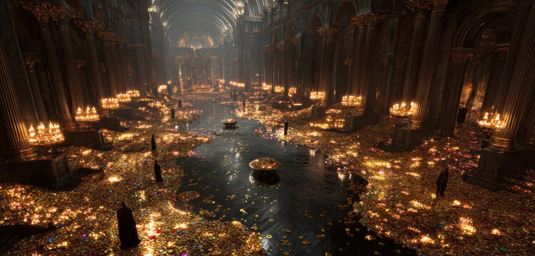 A vast hall filled with shimmering gold coins, glittering jewels, and ornate treasures in a fantasy setting with warm glowing lighting and intricate textures