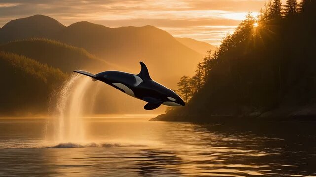 An orca breaching the water at sunset, surrounded by mountains and trees.