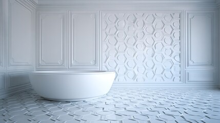 Modern minimalist bathroom interior with freestanding bathtub and geometric details