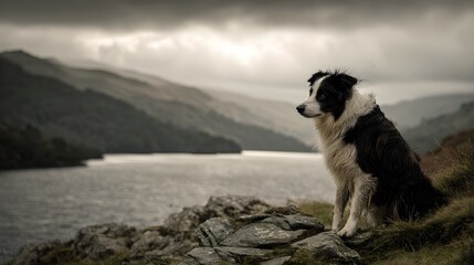 Border collie sitting on grassy rocks by a lake, watching misty mountains under a dramatic cloudy sky, evoking loyal companionship, solitude and tranquil highland scenery