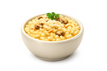 Luxurious mushroom risotto with garnish in elegant bowl on subtle background for culinary design