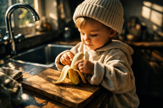 Cute toddler peeling banana on wooden board in sunlit kitchen, healthy snack time at home, cozy childhood lifestyle and nutrition concept. - Powered by Adobe
