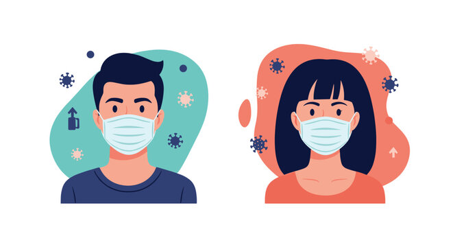 Portraits of a man and woman wearing face masks surrounded by stylized virus particles and medical infographic icons.