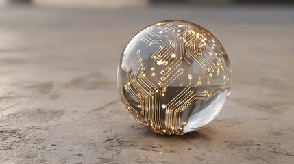 Digital circuit board glowing inside transparent glass sphere predicting future technology or artificial intelligence. Representing computing. Data. Innovation