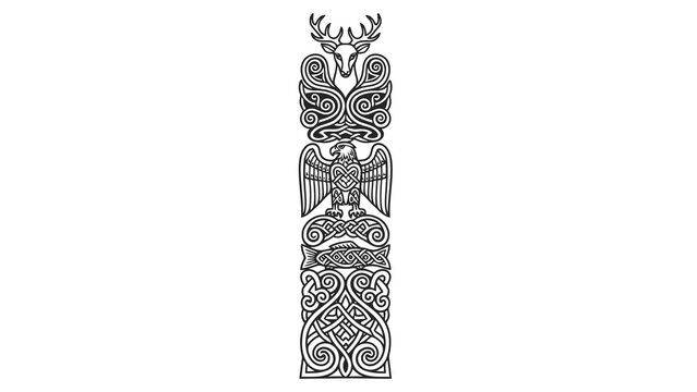 Intricate celtic totem pole featuring deer and eagle