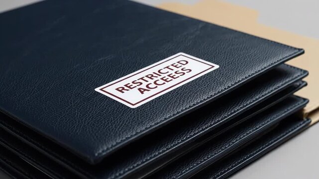 A stack of documents with dark blue covers and file folders labeled restricted access, focusing on security, policy, and information control with copy space.