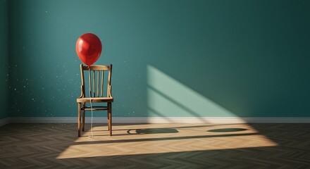 A red balloon floating above a wooden chair in a sunlit room