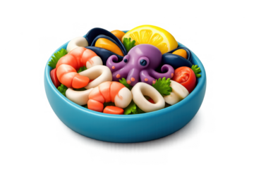 Insalata di mare with seafood and lemon in blue bowl - perfect for italian cuisine design