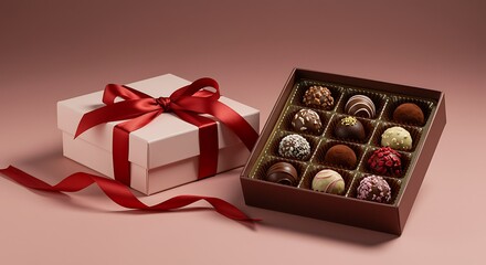 A box of assorted chocolates next to a gift perfect for celebrations