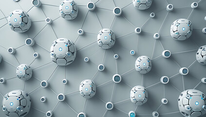 Futuristic network of connected spheres with glowing blue nodes and lines