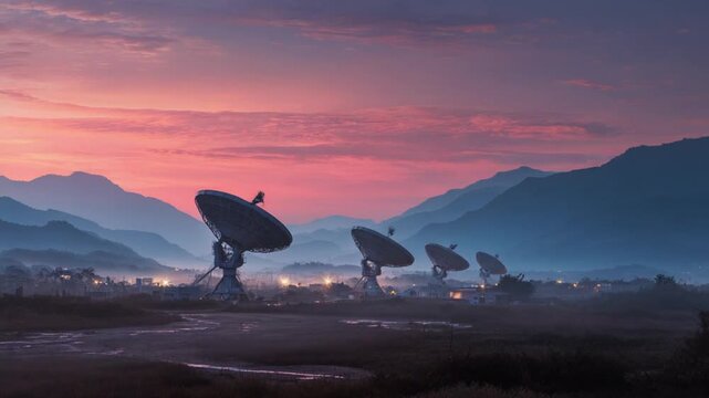 Dusk  over  a misty plain with a line of satellite dishes pointing toward distant, rugged mountains