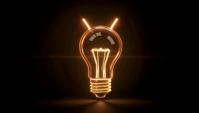 Clean 4K neon animation of glowing electric light bulb icon symbolizing ideas creativity energy innovation shining brightly against dark black background with smooth 