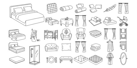 Fototapeta premium Furniture Icons Set, Bedroom and Interior Design Elements, Outline Style