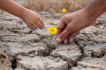 Helping to plant a flower in dry cracked soil with an adult and a child