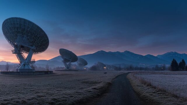 Radio telescopes dot a frost-covered field beneath violet twilight as distant mountains rise at dusk