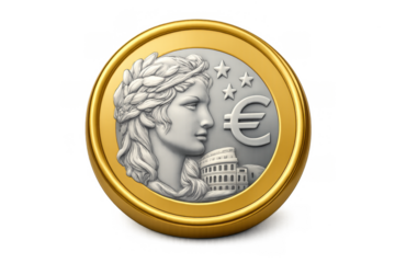 Euro coin illustration featuring classical profile and architectural elements for financial design