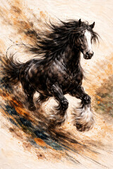 Running Black Horse Watercolor Poster Print with Powerful Dynamic Motion