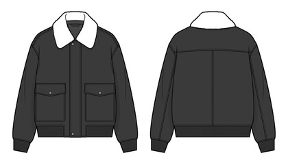 Black Shearling Collar Bomber Jacket Technical Fashion Illustration. Unisex Aviator Jacket with Faux Fur Collar, Snap Button Front, Flap Pockets, Ribbed Hem and Cuffs. Front and Back Views. CAD Mockup © aiven studio