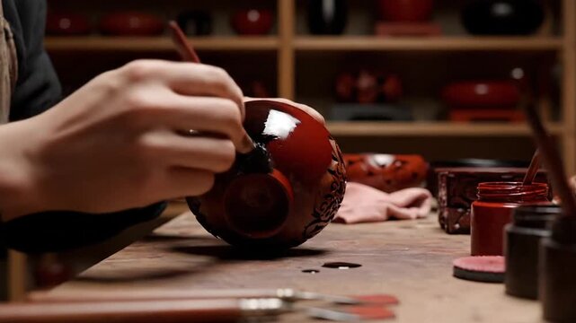 Close Up of Artisan Painting Red Lacquerware Bowl with Brush on Wooden Workbench in Workshop with Shelves of Finished