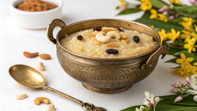 Traditional Indian dessert in brass bowl garnished with dry fruits and flowers in festive cultural presentation setting