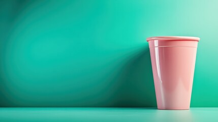 A bright pink plastic cup stands alone against a vibrant turquoise background, highlighting its simplicity and modern aesthetic in everyday objects.