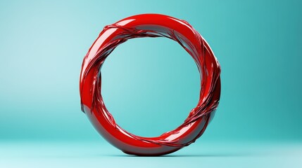 A striking abstract red circular form twisted artfully against a soothing blue backdrop captures a bold and dynamic visual representation of modern design aesthetics.
