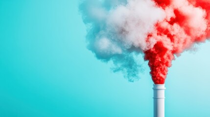 A factory chimney emits thick clouds of colorful red and blue smoke against a serene blue sky, revealing the contrast between nature and industrial pollution.