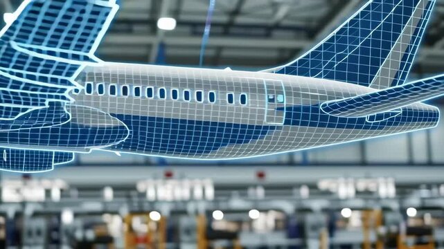A person using VR technology to interact with a holographic airplane.