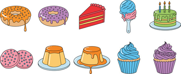 Colorful hand drawn dessert vector icon set featuring donuts cake slice ice cream cupcakes pudding and cookies for bakery menu design.