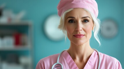 A portrait of a healthcare professional in pink scrubs and a cap, exuding confidence and compassion, symbolizing dedication to patient care and well-being.