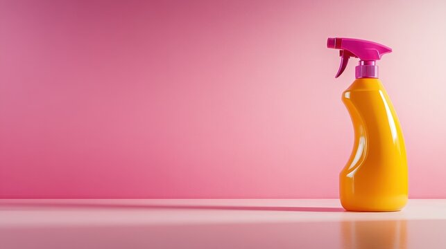 A bright yellow spray bottle with a pink trigger on a soft pink background, symbolizing cleanliness and fresh living spaces, perfect for cleaning and home care imagery.