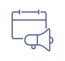 Event announcement icon with calendar and megaphone, schedule notification, reminder, marketing event promotion line flat vector illustration isolated on white background.
