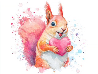Central, standing squirrel with vibrant red fur holding a pink heart against a watercolor backdrop Bright and lively pastel colors, playful splashes, white background Cheerful illustr - AI-Generated