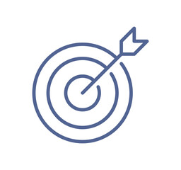 Target and goal achievement icon with arrow, business objective, success strategy, marketing focus, performance aim line isolated on white background flat vector illustration.