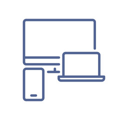 Responsive design icon with desktop laptop tablet and smartphone, cross platform compatibility, multi device digital interface line isolated on white background flat vector illustration.