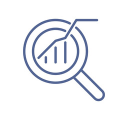 Search analytics icon with magnifying glass and chart, data research, performance tracking, SEO analysis, business insights line flat vector illustration.