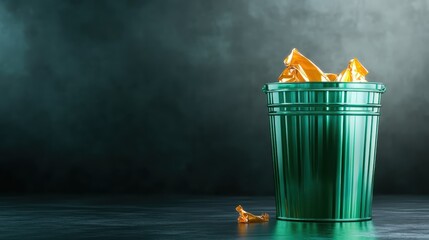 A visually striking green trash bin filled with crumpled yellow papers, symbolizing waste and environmental impact, set in a dramatic light depicting the contrast of colors.