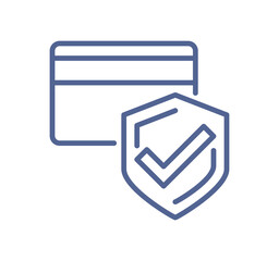 Secure credit card payment icon with shield and check mark, online transaction protection, banking security, verified financial data, safe digital commerce line flat vector illustration.