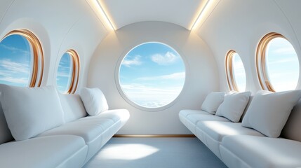 A minimalist cabin interior designed for comfort, featuring soft white sofas and round windows showcasing a beautiful sky, evoking a sense of tranquility and peace.