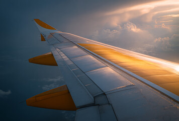 Fototapeta premium Airplane wing with metallic surface and orange wingtip flying through the sky at sunset, illuminated by golden sunlight