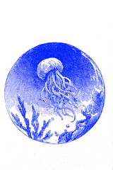 Intricate Blue Ink Drawing of a Jellyfish in Circular Composition