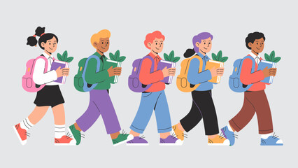 diverse group of students walking with backpacks and books vector illustration