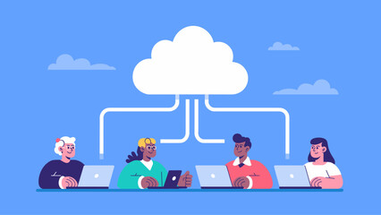 diverse team working on laptops connected to the cloud vector illustration 